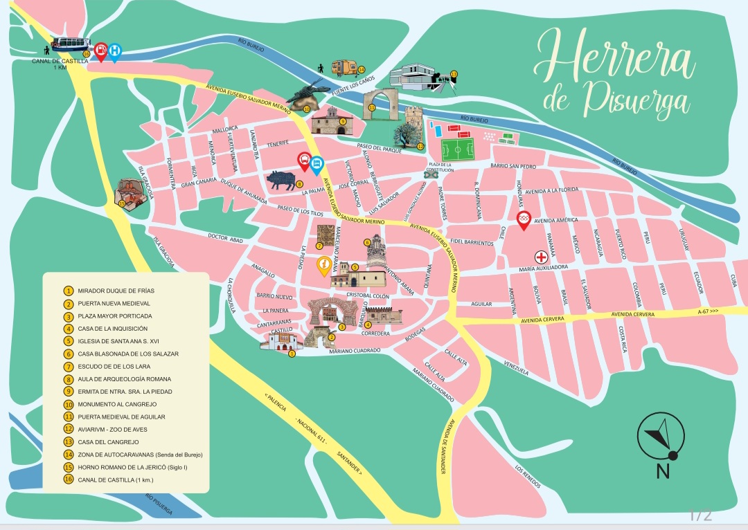 Plano turístico ilustrado de Herrera de Pisuerga con sus principales lugares de interés